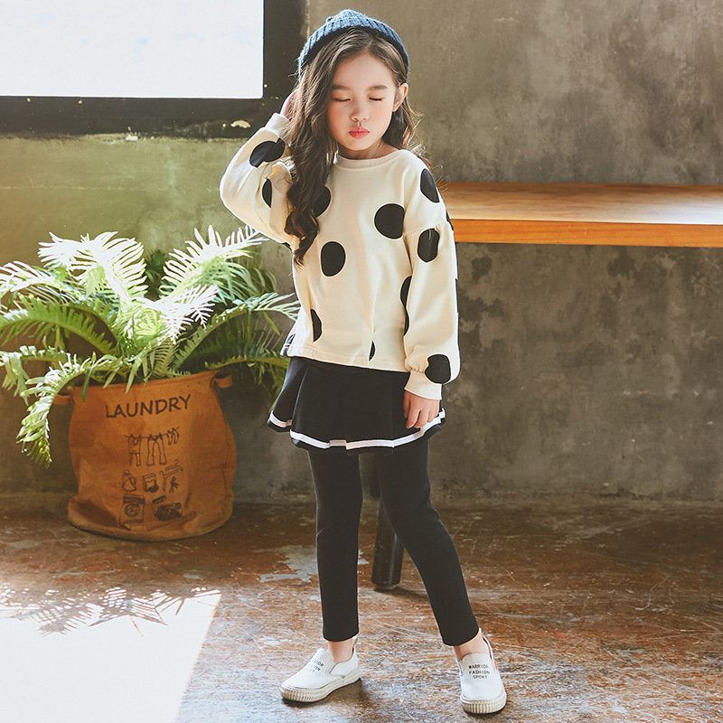 Ensemble Pull à pois avec nœud en dentelle et leggings jupe à volants