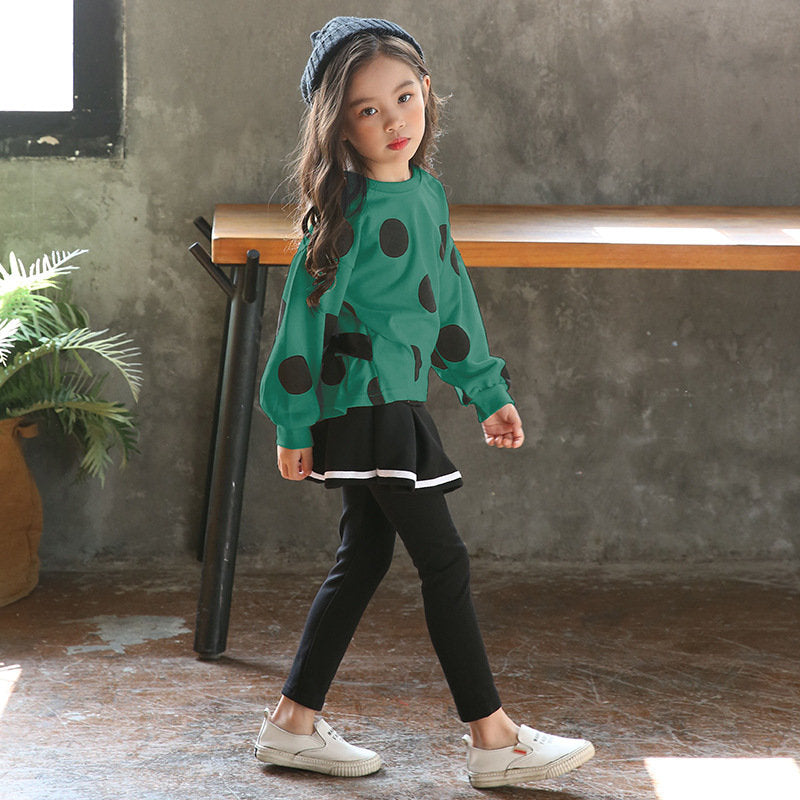 Ensemble Pull à pois avec nœud en dentelle et leggings jupe à volants