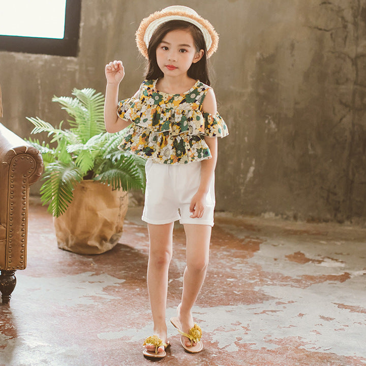 Ensemble pour fille T-shirt imprimé à fleurs sans bretelles à manches courtes et short blanc