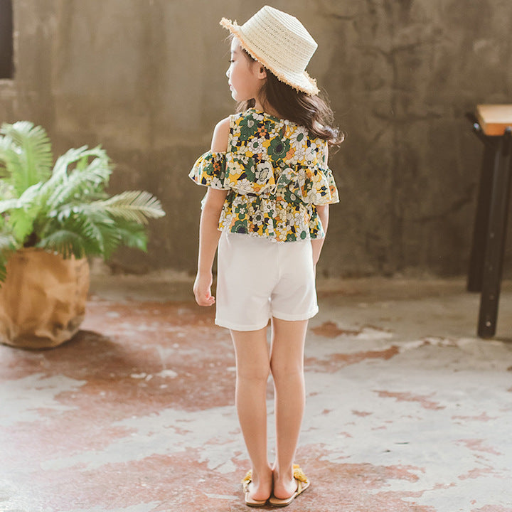 Ensemble pour fille T-shirt imprimé à fleurs sans bretelles à manches courtes et short blanc