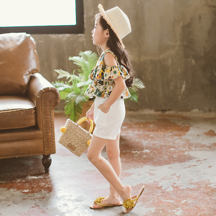 Ensemble pour fille T-shirt imprimé à fleurs sans bretelles à manches courtes et short blanc