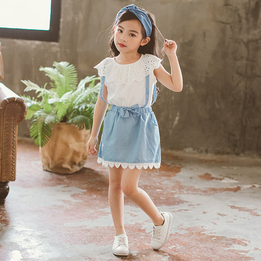 Ensemble pour fille avec t-shirt en dentelle col rond et jupe en dentelle à ourlet noué