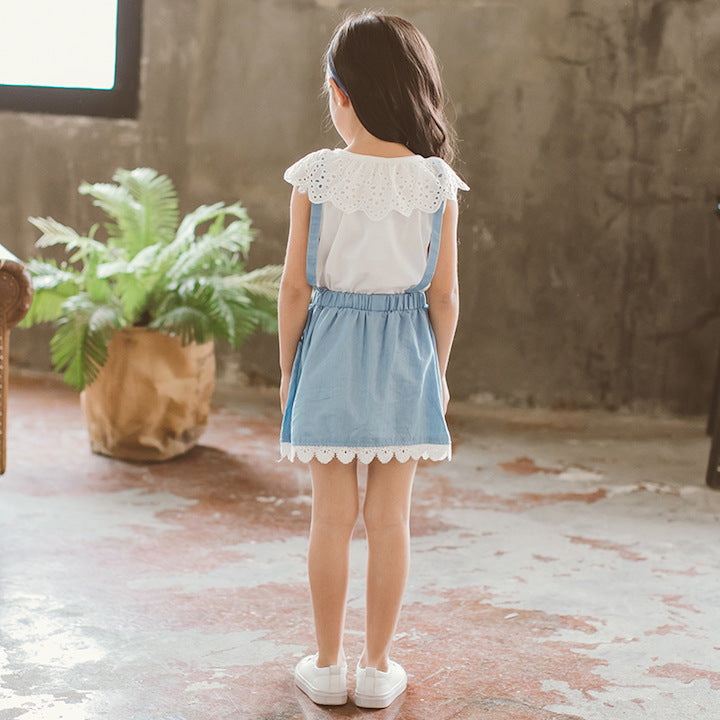 Ensemble pour fille avec t-shirt en dentelle col rond et jupe en dentelle à ourlet noué