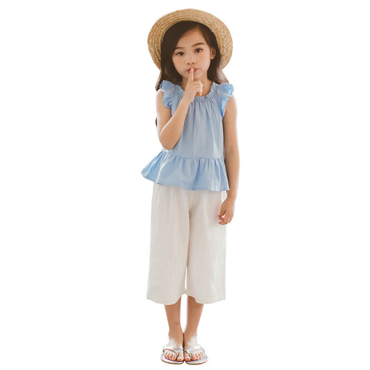 Ensemble pour filles t-shirt bleu et pantalon blanc 