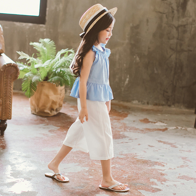 Ensemble pour filles t-shirt bleu et pantalon blanc 