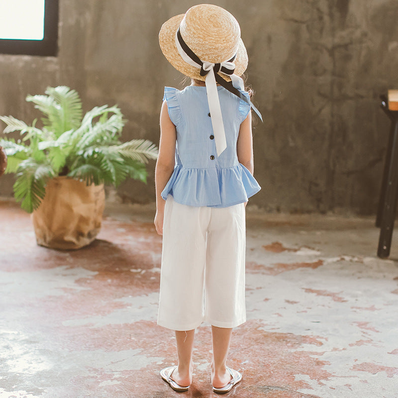 Ensemble pour filles t-shirt bleu et pantalon blanc 