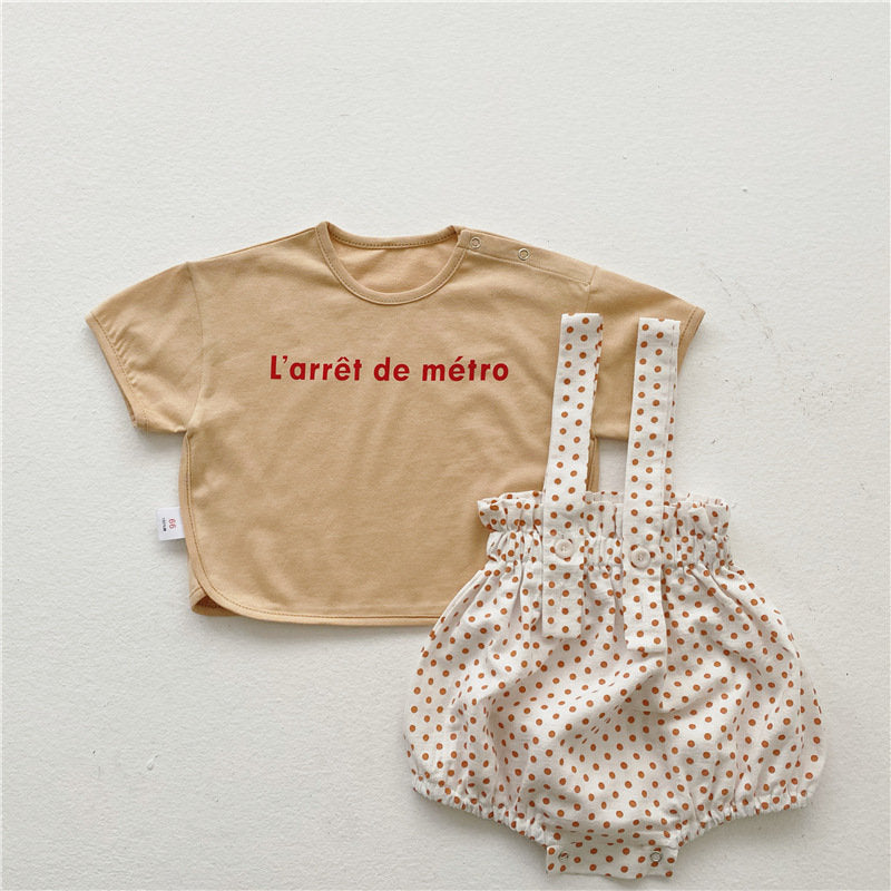 Ensemble t-shirt et salopette pour bébé fille avec pois et inscription