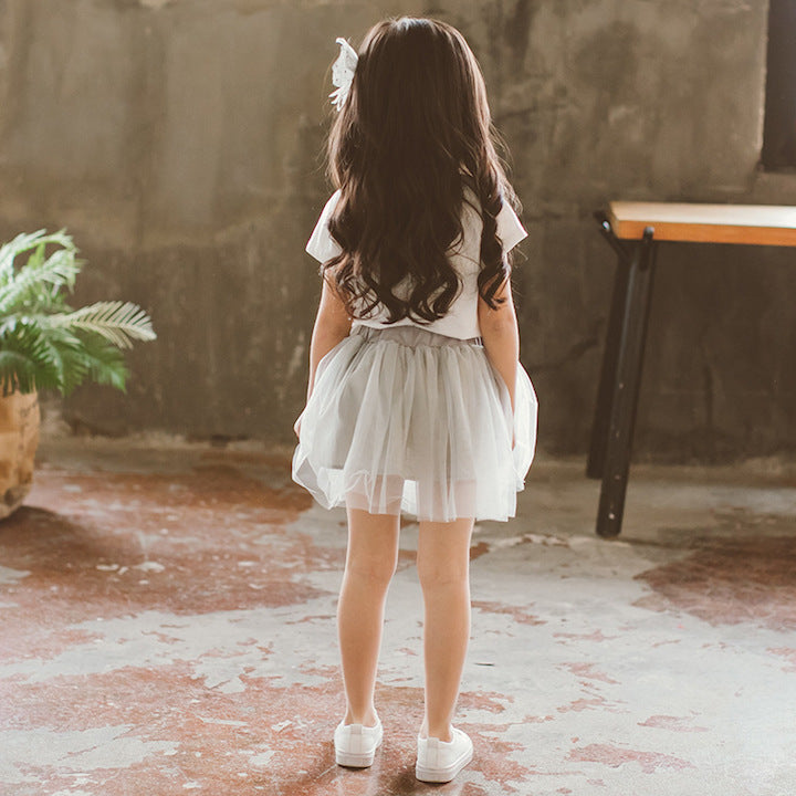 Ensembles pour fille avec t-shirt imprimé chat à manches courtes et jupe mousseline