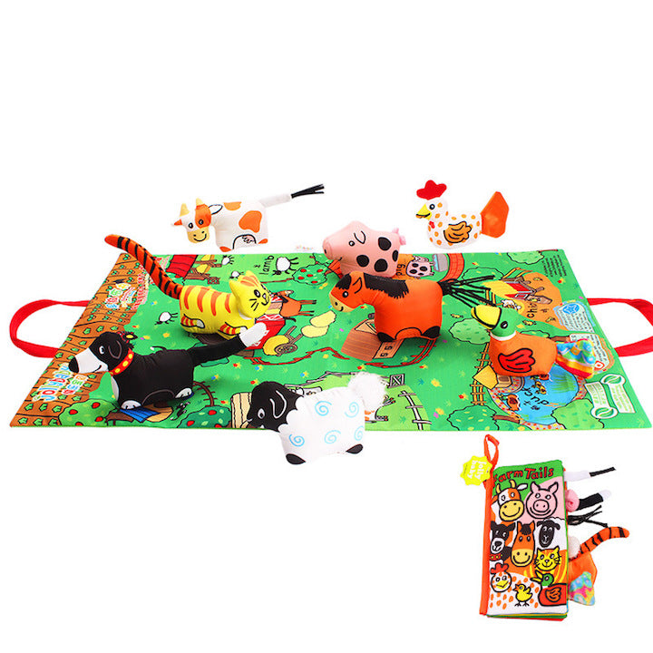 Livre tapis en tissu pour bébé avec peluches animaux de la jungle