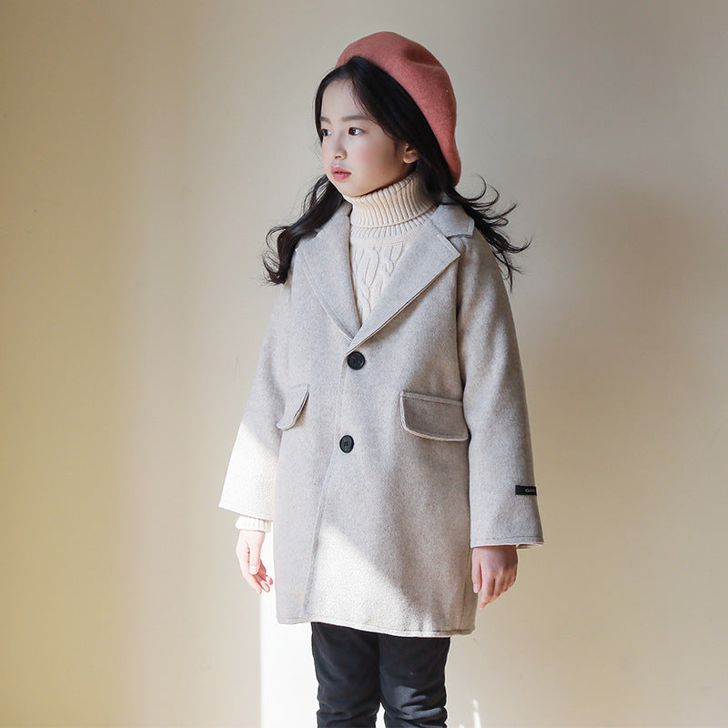 Manteau long classique en laine pour fille avec 2 boutons