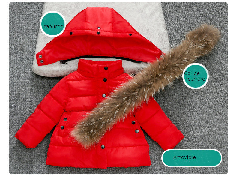 Manteau long enfant avec capuche à fourrure amovible