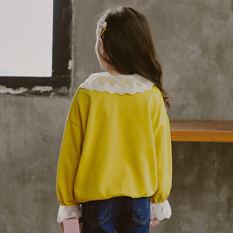 Pullover décontracté pour fille en coton avec col et manches en dentelle fine