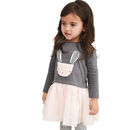 Robe manches longues bicolore contrastante pour fille avec imprimé lapin