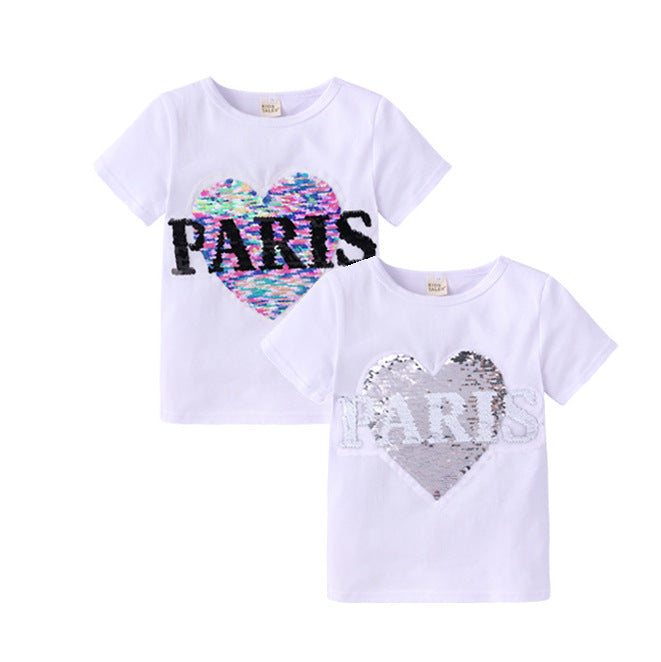 T-shirt à sequins réversibles pour fille avec lettres Paris