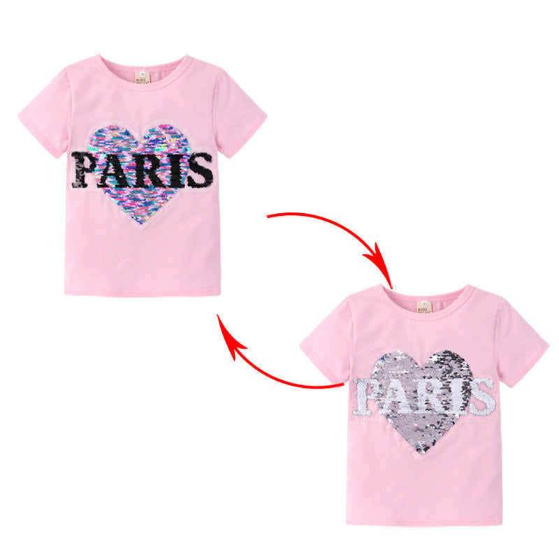 T-shirt à sequins réversibles pour fille avec lettres Paris