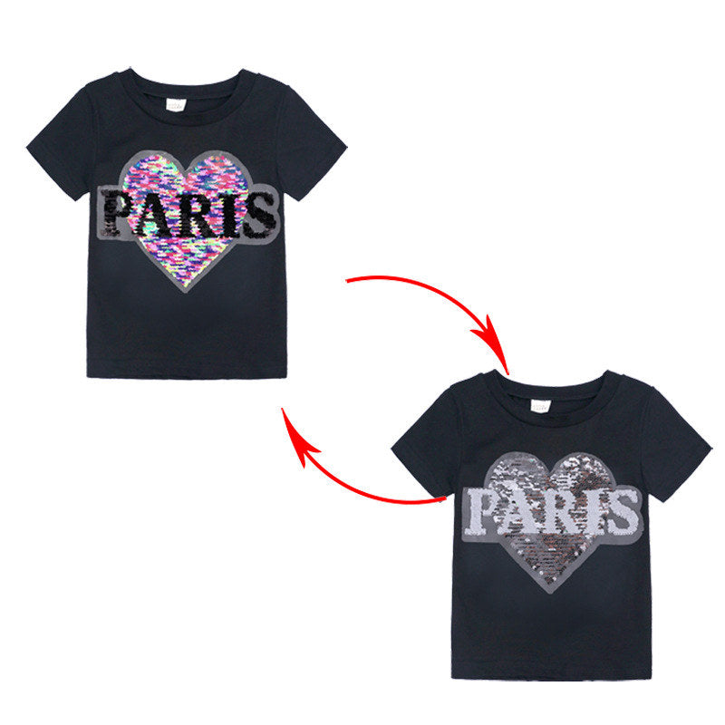 T-shirt à sequins réversibles pour fille avec lettres Paris