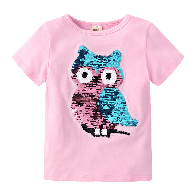 T-shirt à sequins réversibles pour fille avec motif chouette