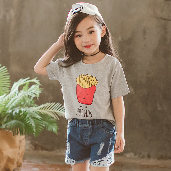 T-shirt manches courtes dessin animé imprimé col rond pour fille