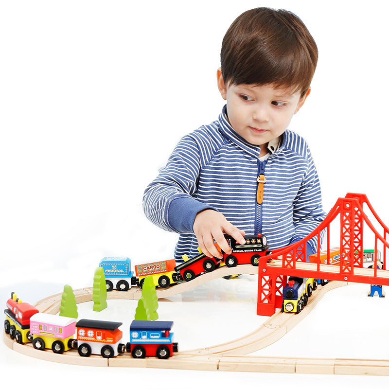 Train en bois aimanté avec grue locomotive wagon pour enfant