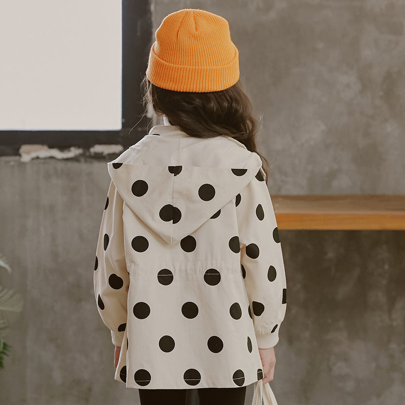 Veste coupe-vent à capuche pour fille avec motif à pois noirs sur blanc