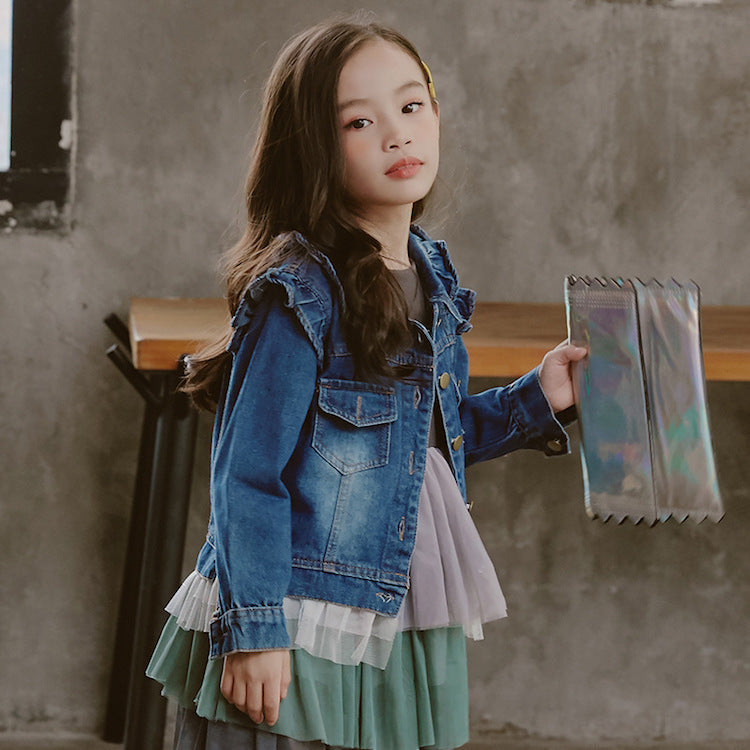 Veste en jean avec volants épaules pour fille